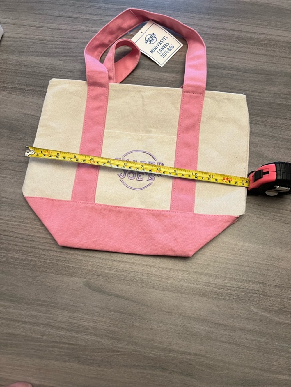 Trader Joe's Mini Pastel Pink & Cream Canvas Tote Bag With Purple Logo - Picture 6 of 7